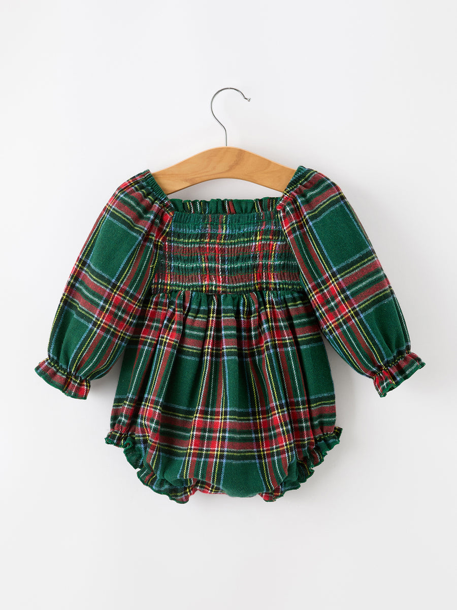 Christmas Plaid Smocked Baby Girl Bubble Romper Ruffle Detail