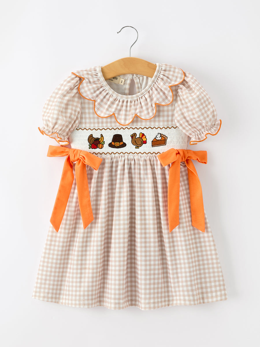 Thanksgiving Smocked Girls Dress Turkey Pumpkin Pie Embroidery