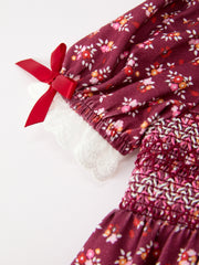 Burgundy Floral Smocked Baby Girl Bubble Romper Peter Pan Collar