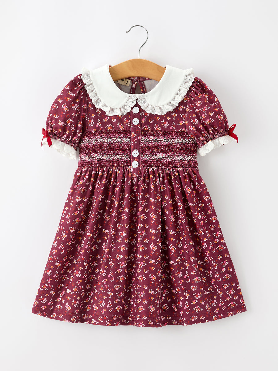 Burgundy Floral Smocked Girls Dress Peter Pan Collar Lace Trim