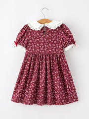 Burgundy Floral Smocked Girls Dress Peter Pan Collar Lace Trim