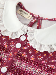 Burgundy Floral Smocked Girls Dress Peter Pan Collar Lace Trim