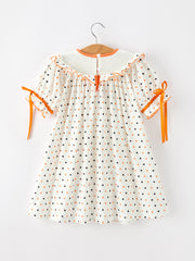 Halloween Pumpkin Smocked Girls Dress Polka Dot Ruffle Sleeve