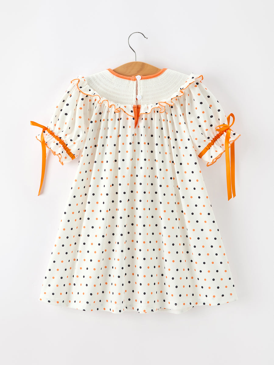 Halloween Pumpkin Smocked Girls Dress Polka Dot Ruffle Sleeve