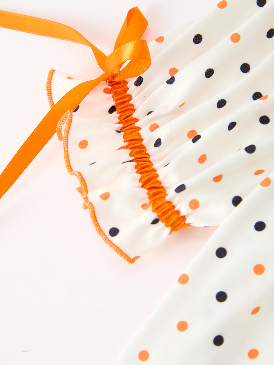 Halloween Pumpkin Smocked Girls Dress Polka Dot Ruffle Sleeve