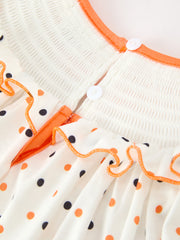 Halloween Pumpkin Smocked Girls Dress Polka Dot Ruffle Sleeve