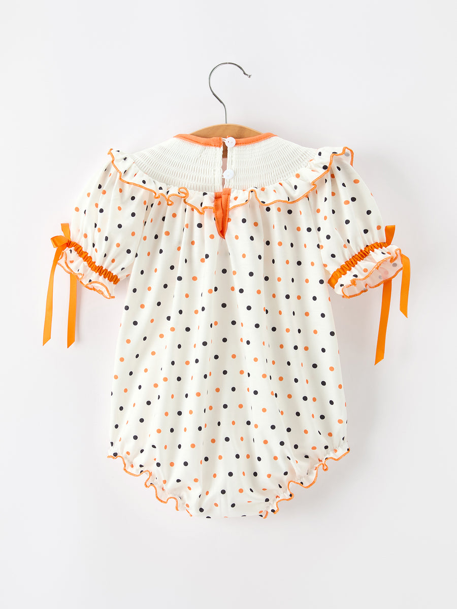 Halloween Pumpkin Smocked Baby Girl Bubble Romper Polka Dot Ruffle