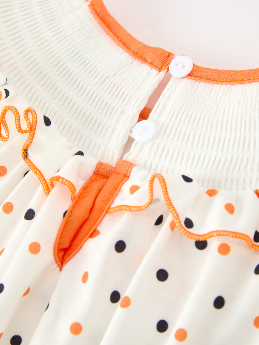 Halloween Pumpkin Smocked Baby Girl Bubble Romper Polka Dot Ruffle