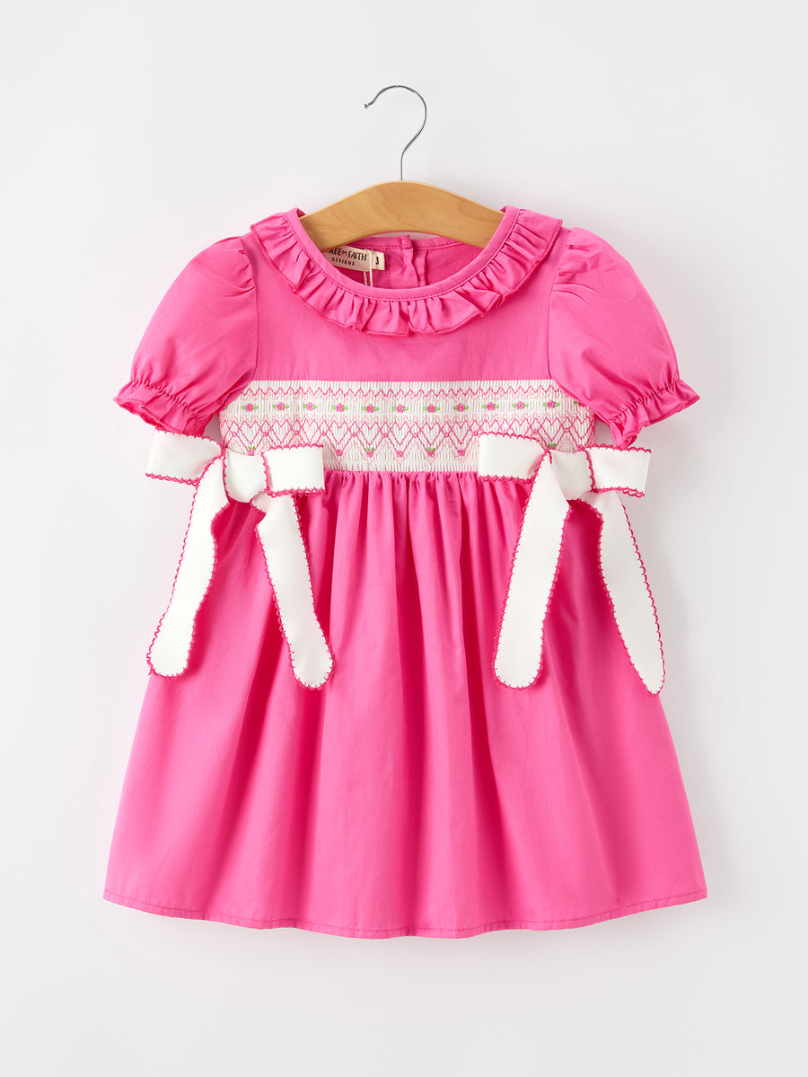 Fall Girl Hot Pink Ruffle Smocked Embroidery Dress
