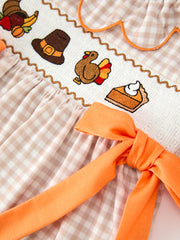 Thanksgiving Smocked Girls Dress Turkey Pumpkin Pie Embroidery