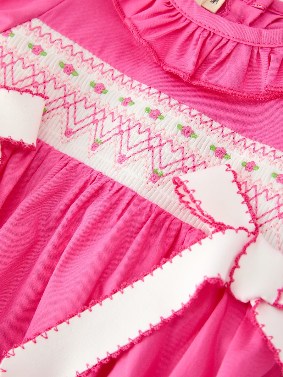 Fall Baby Girl Hot Pink Ruffle Smocked Embroidery Romper