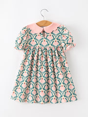 Fall Geometric Floral Girls Dress Petals Collar Smocked