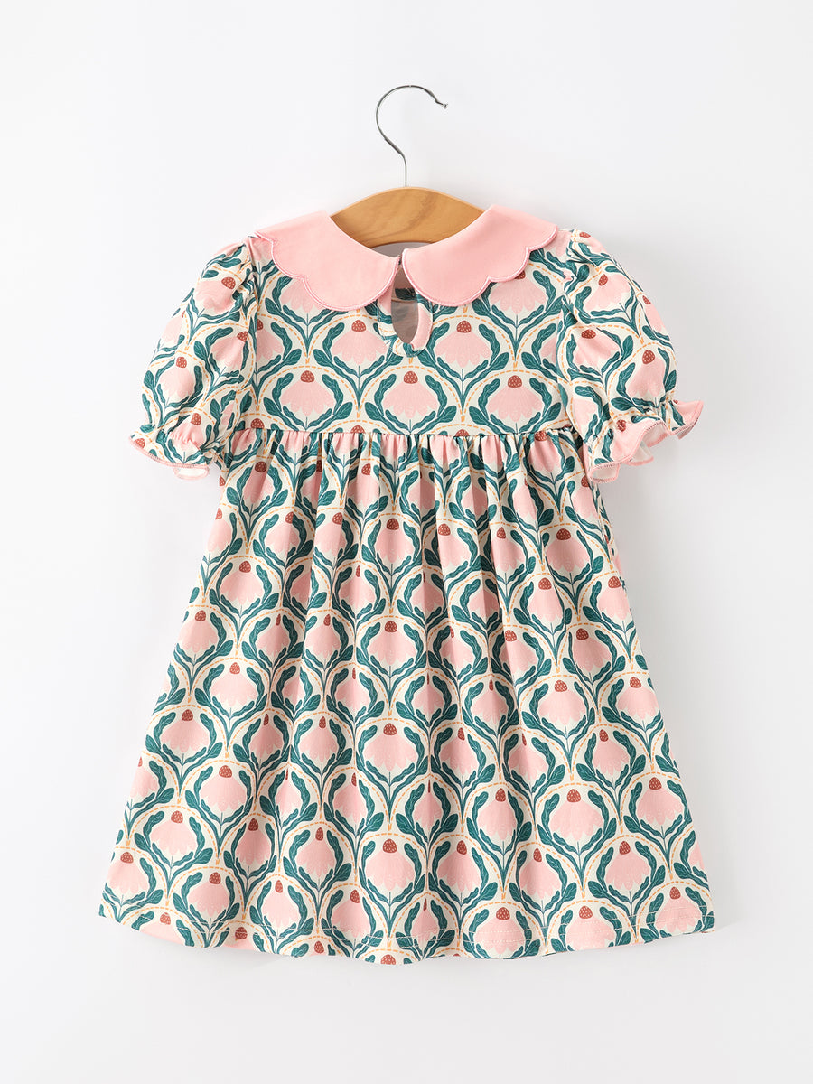 Fall Geometric Floral Girls Dress Petals Collar Smocked
