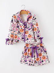 Halloween Pumpkin Ghost Print Girls Pajama Set