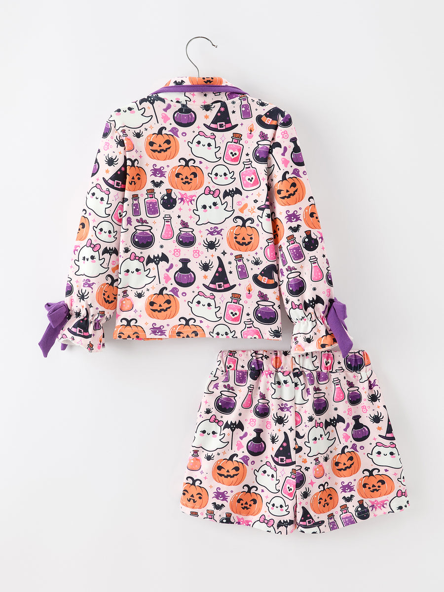 Halloween Pumpkin Ghost Print Girls Pajama Set