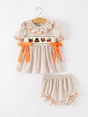 Thanksgiving Smocked Girls Dress Bloomer Set Turkey Embroidery
