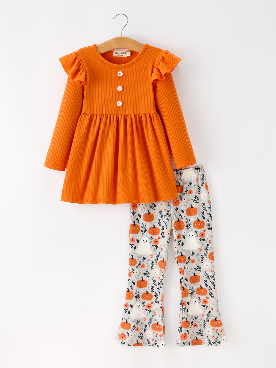 Fall Halloween Pumpkin Ghost Print Girls Long Sleeve Set