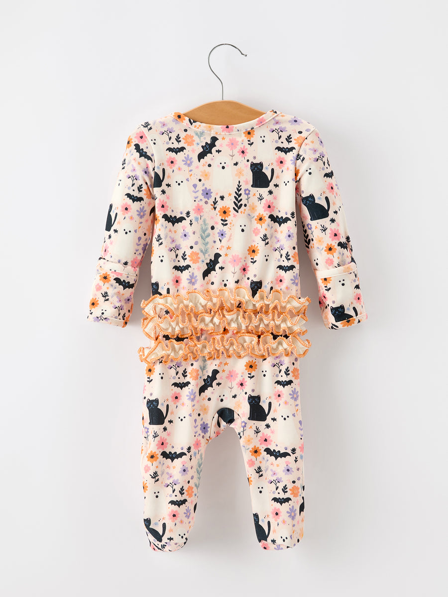 Halloween Black Cat Baby Zip Romper Ruffle Trim