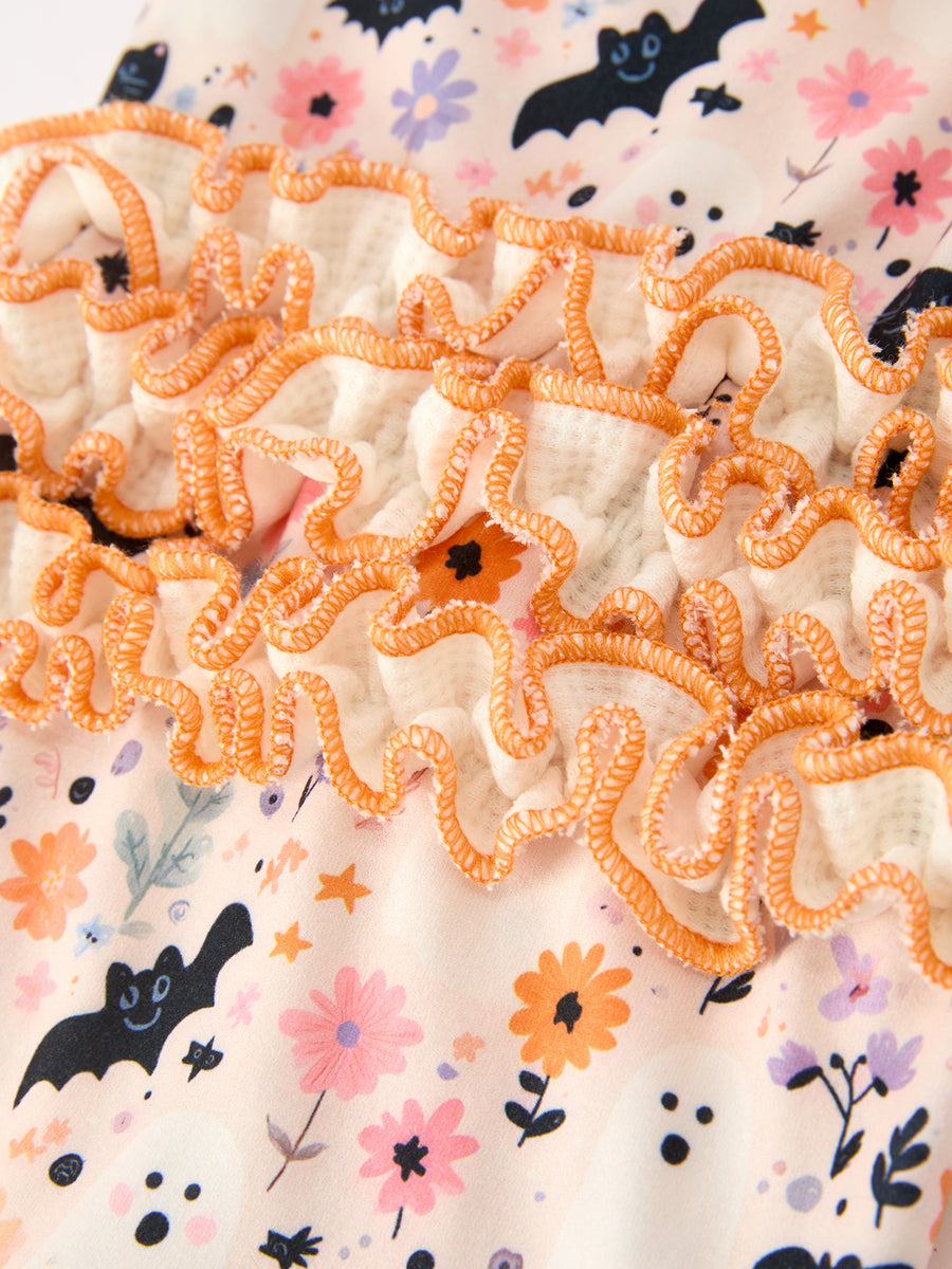 Halloween Black Cat Baby Zip Romper Ruffle Trim