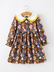 Fall Retro Girls Floral Peter Pan Collar Twirl Dress