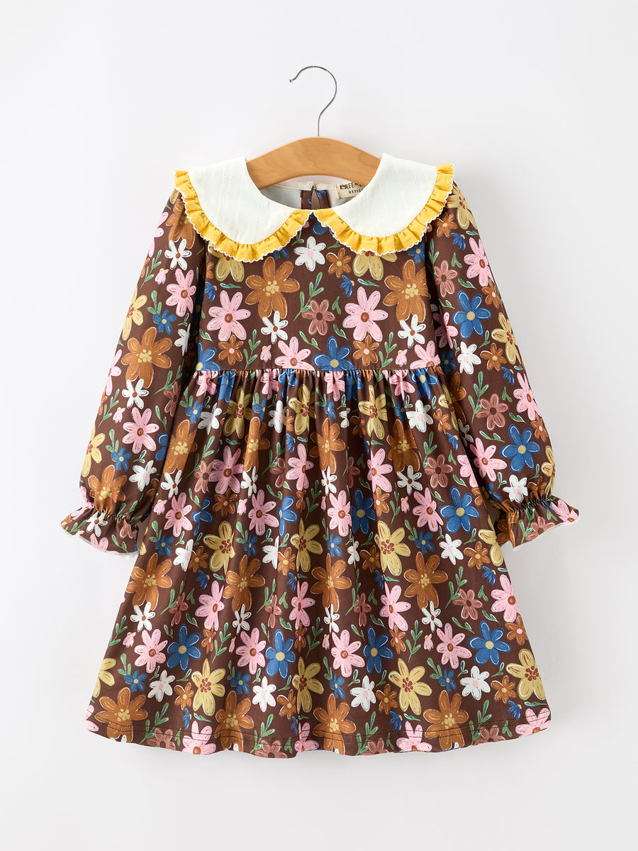 Fall Retro Girls Floral Peter Pan Collar Twirl Dress