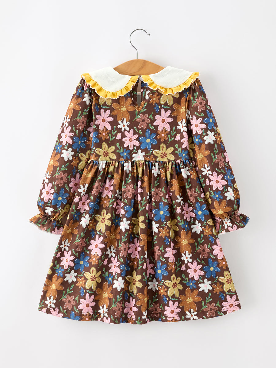Fall Retro Girls Floral Peter Pan Collar Twirl Dress