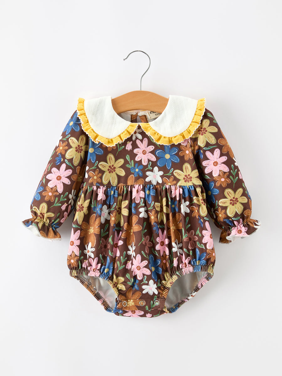 Fall Retro Floral Baby Girls Bubble Romper