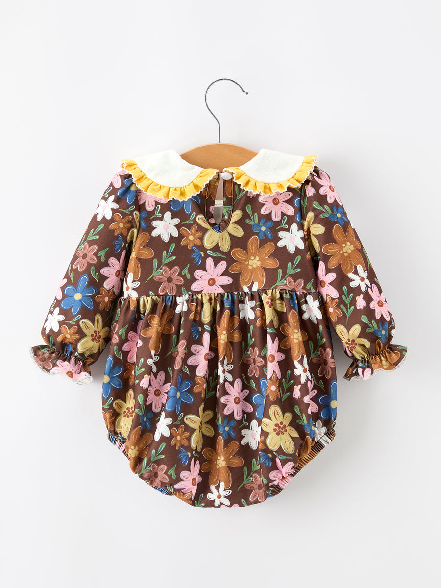 Fall Retro Floral Baby Girls Bubble Romper