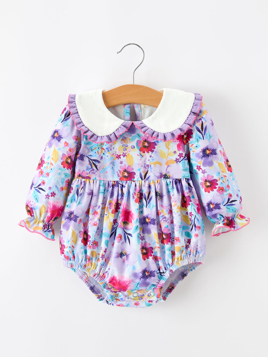Fall Purple Floral Baby Girls Bubble Romper