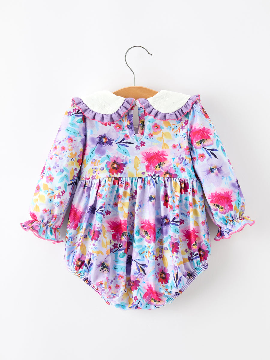 Fall Purple Floral Baby Girls Bubble Romper