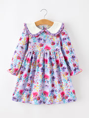 Purple Girls Floral Peter Pan Collar Twirl Dress