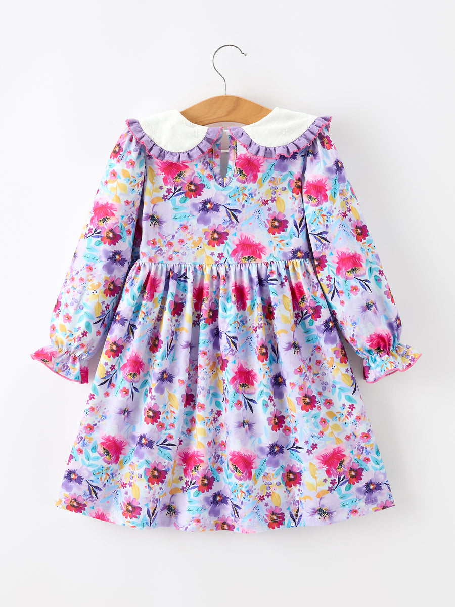 Purple Girls Floral Peter Pan Collar Twirl Dress