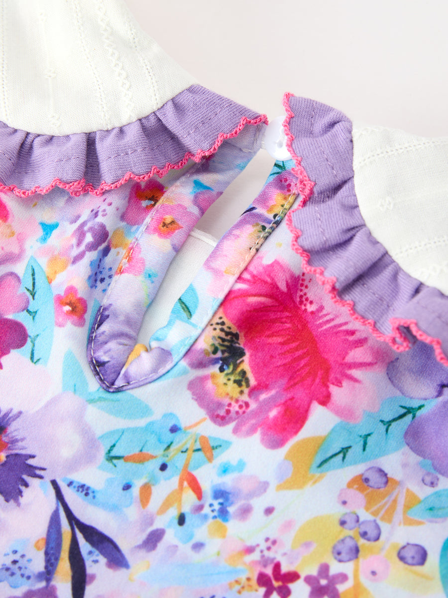 Purple Girls Floral Peter Pan Collar Twirl Dress