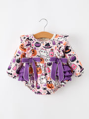 Halloween Pumpkin Ghost Baby Girl Bubble Romper Ruffle Bow Detail