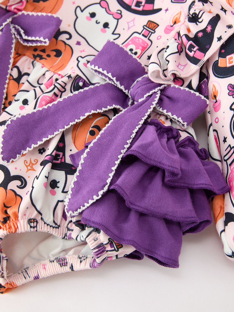 Halloween Pumpkin Ghost Baby Girl Bubble Romper Ruffle Bow Detail