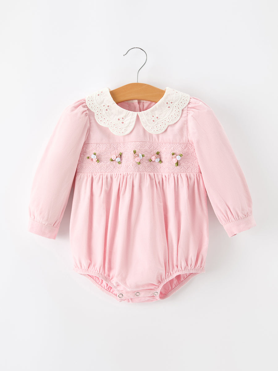 Fall Pink Smocked Baby Girl Bubble Romper Peter Pan Collar Floral Detail