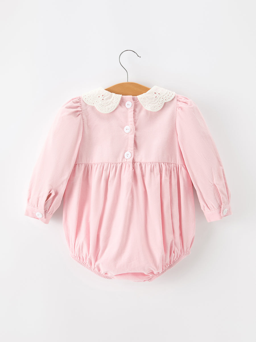 Fall Pink Smocked Baby Girl Bubble Romper Peter Pan Collar Floral Detail