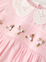 Fall Pink Smocked Baby Girl Bubble Romper Peter Pan Collar Floral Detail