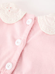 Fall Pink Smocked Baby Girl Bubble Romper Peter Pan Collar Floral Detail