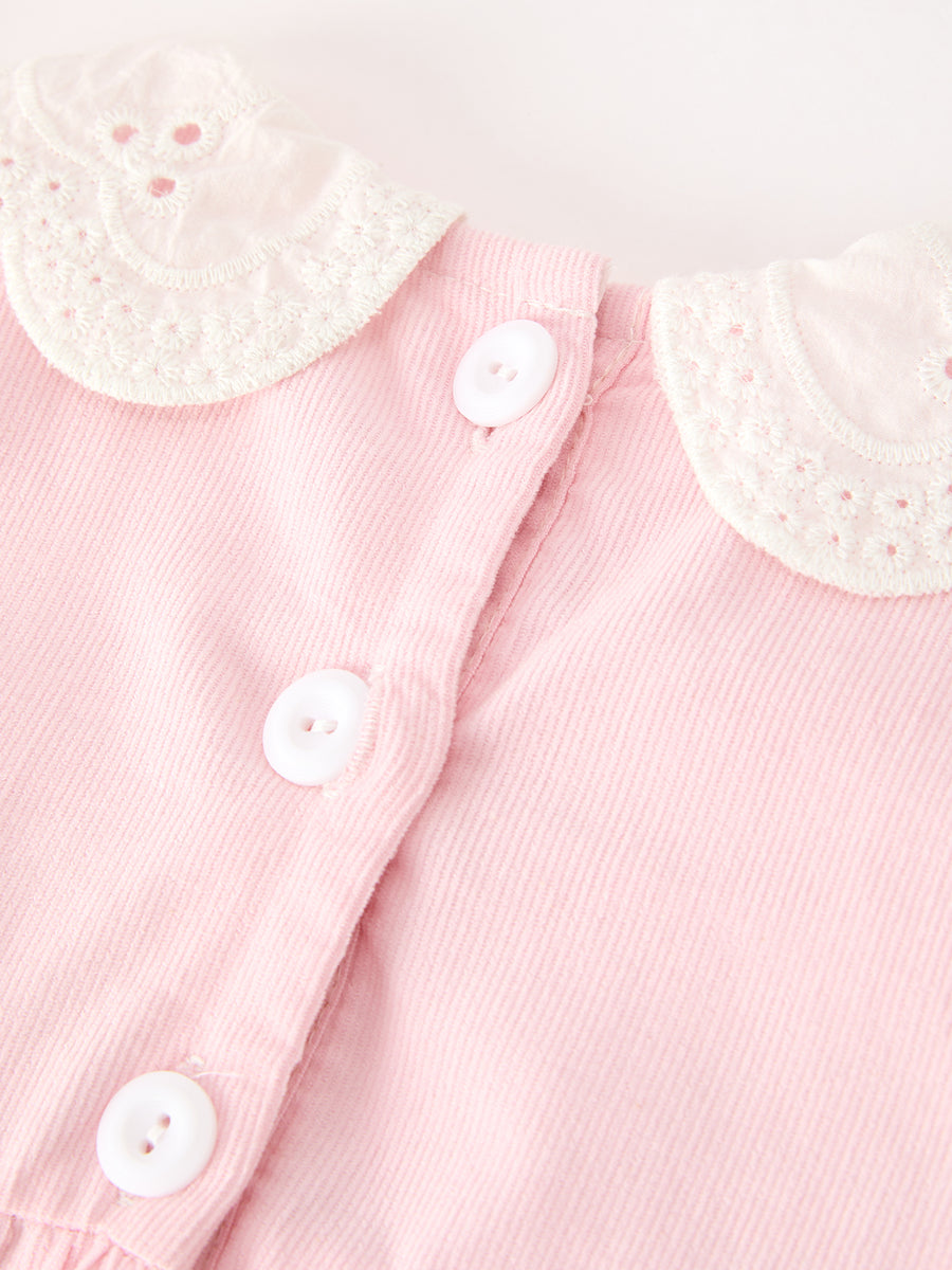 Fall Pink Smocked Baby Girl Bubble Romper Peter Pan Collar Floral Detail