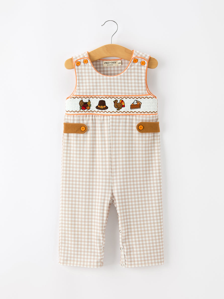 Thanksgiving Boys Gingham Jon Jon Embroidered Romper
