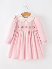 Fall Pink Smocked Girls Dress Peter Pan Collar Long Sleeve Floral Detail