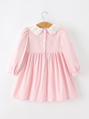 Fall Pink Smocked Girls Dress Peter Pan Collar Long Sleeve Floral Detail