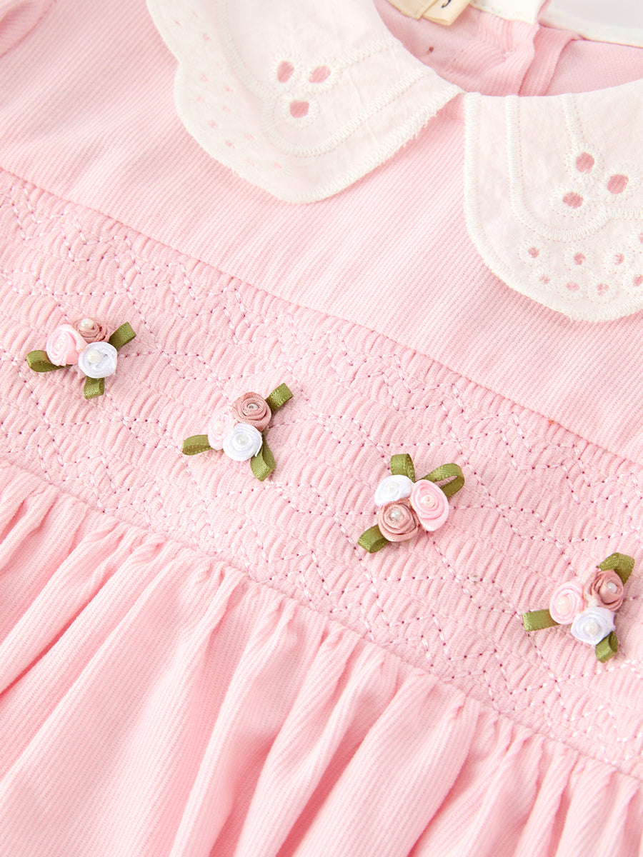 Fall Pink Smocked Girls Dress Peter Pan Collar Long Sleeve Floral Detail
