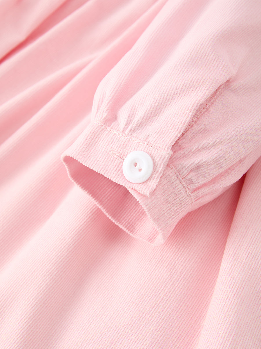 Fall Pink Smocked Girls Dress Peter Pan Collar Long Sleeve Floral Detail
