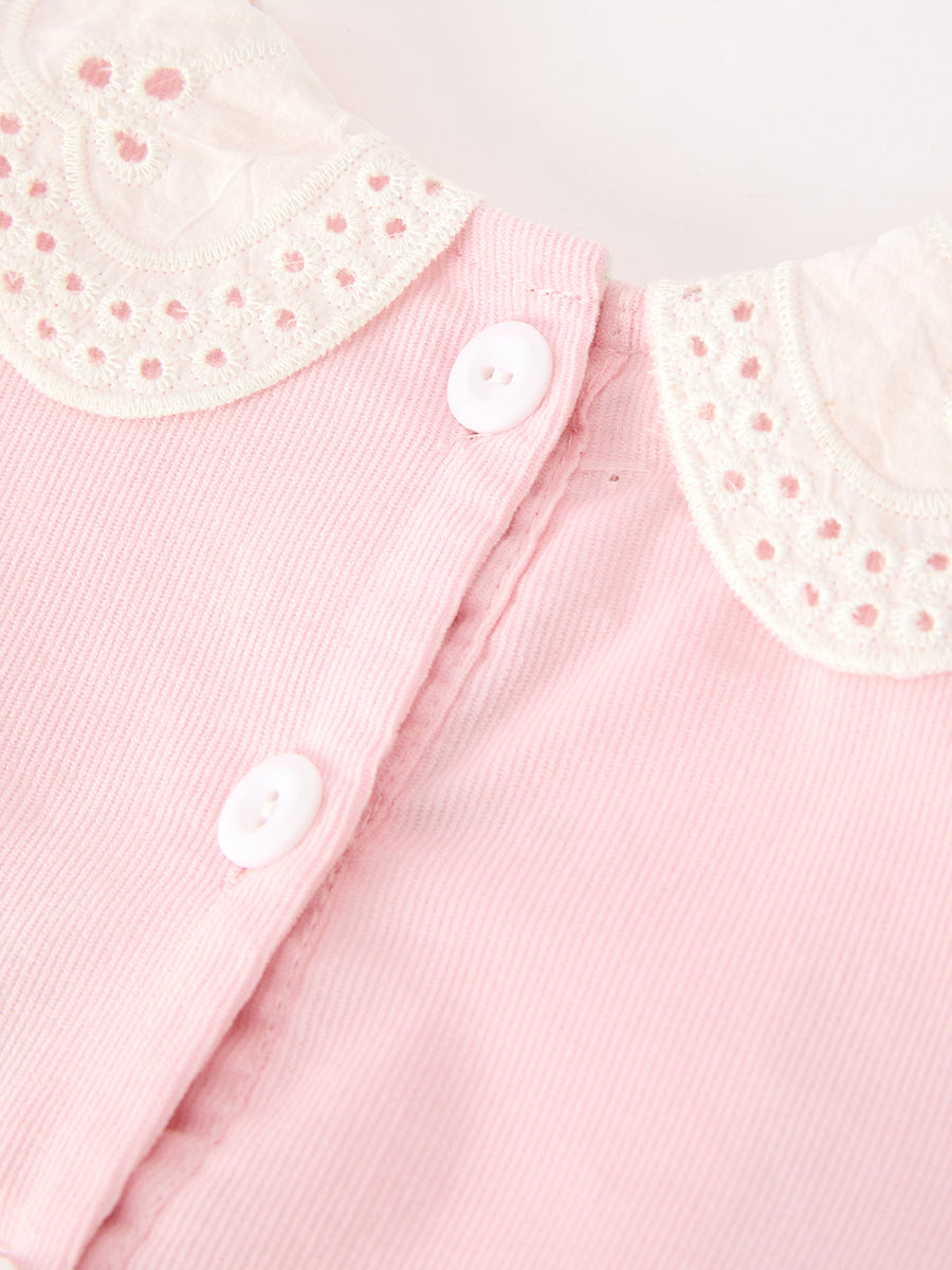Fall Pink Smocked Girls Dress Peter Pan Collar Long Sleeve Floral Detail