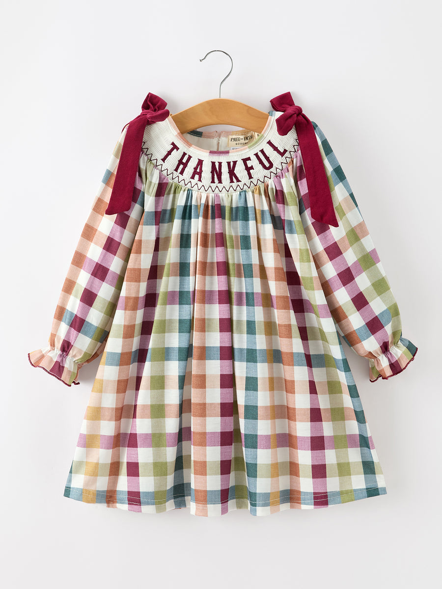 Thanksgiving “THANKFUL” Embroidered Smocked Plaid Dress