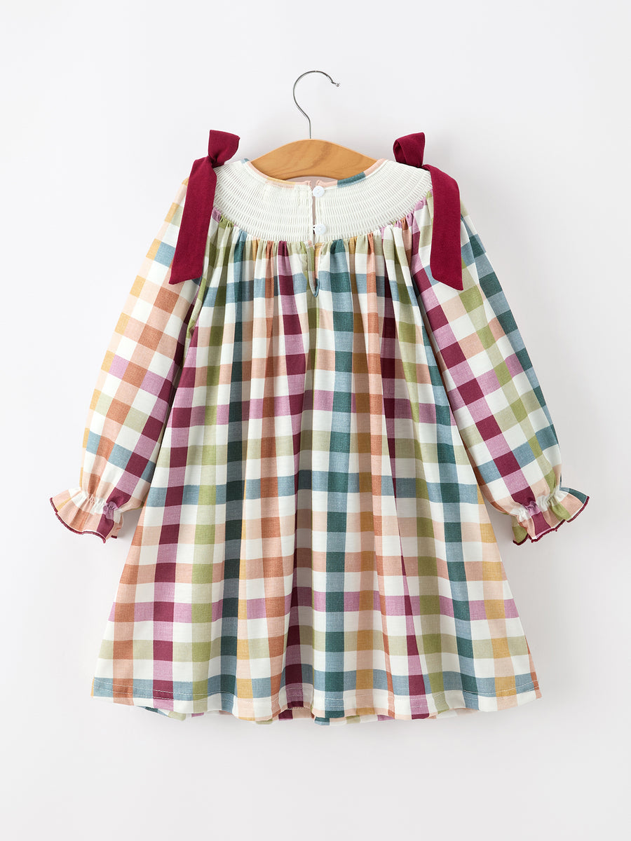 Thanksgiving “THANKFUL” Embroidered Smocked Plaid Dress