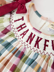 Thanksgiving “THANKFUL” Embroidered Smocked Plaid Dress
