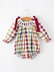 Thanksgiving “THANKFUL” Embroidered Smocked Plaid Bubble Romper